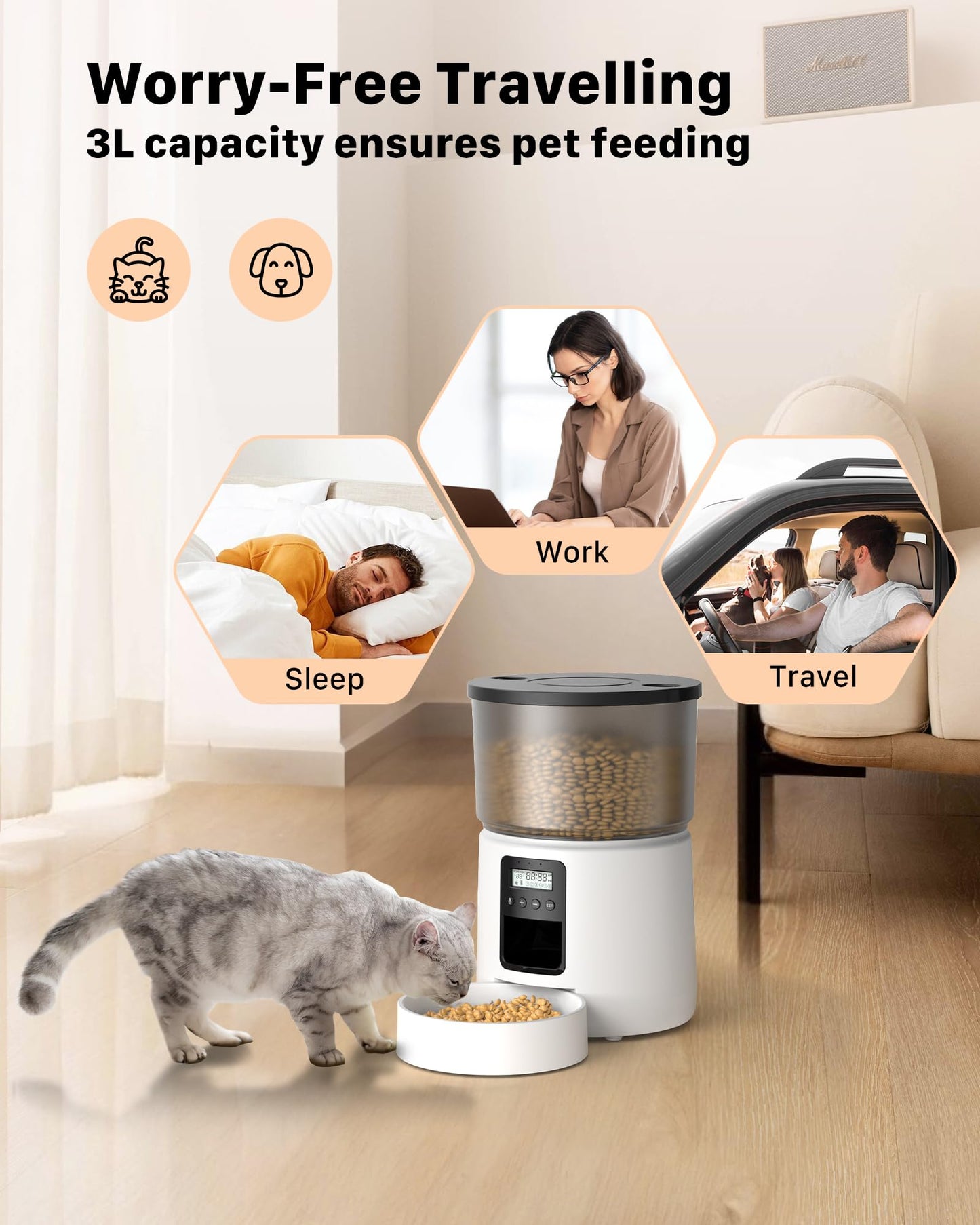 Automatic Cat Feeder Dry Food: Cat Feeder with Timer - Pet Food Dispenser Button Control 1-6 Meals - 3L Auto Dog Bowl with Customize Feeding Schedule - 10s Voice Recorder - Contains Desiccant