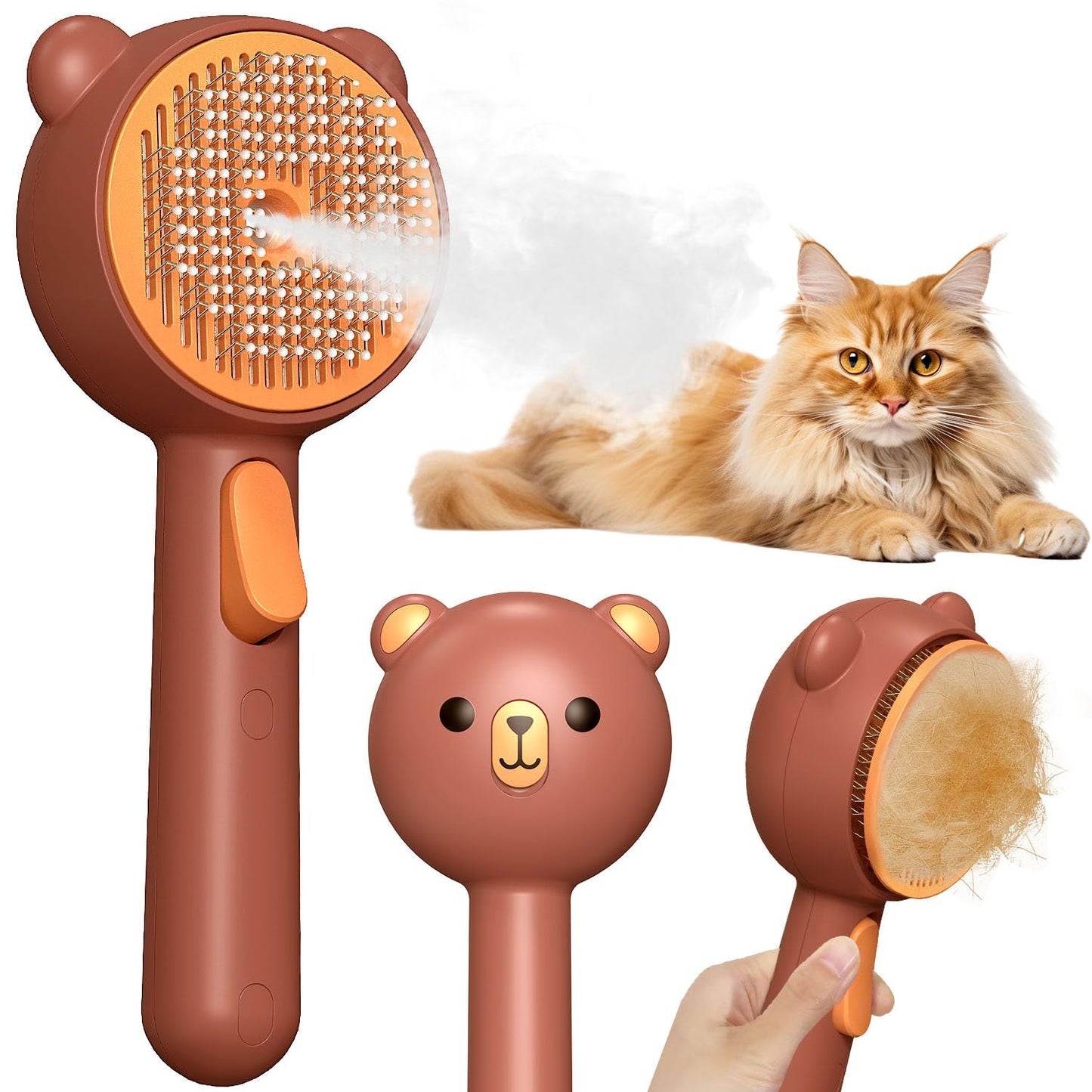 Cat Steam Brush with Release Button, Rechargeable Pet Steam Brush for Long Short Hair Cats Dogs Rabbits, Self Cleaning Slicker Steamy Cat Comb With Water Tank for Pet Shedding Grooming