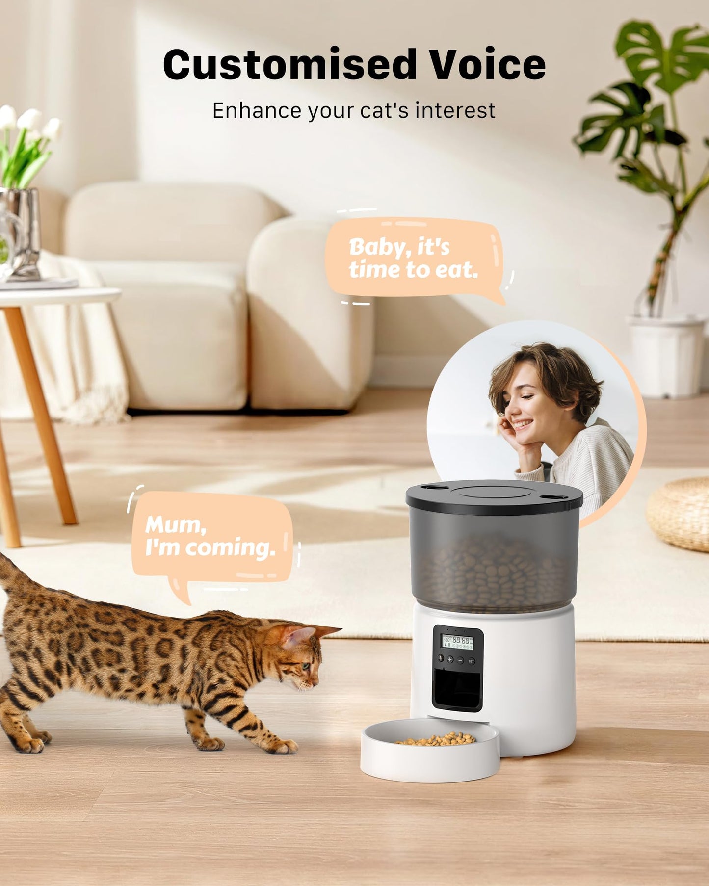 Automatic Cat Feeder Dry Food: Cat Feeder with Timer - Pet Food Dispenser Button Control 1-6 Meals - 3L Auto Dog Bowl with Customize Feeding Schedule - 10s Voice Recorder - Contains Desiccant