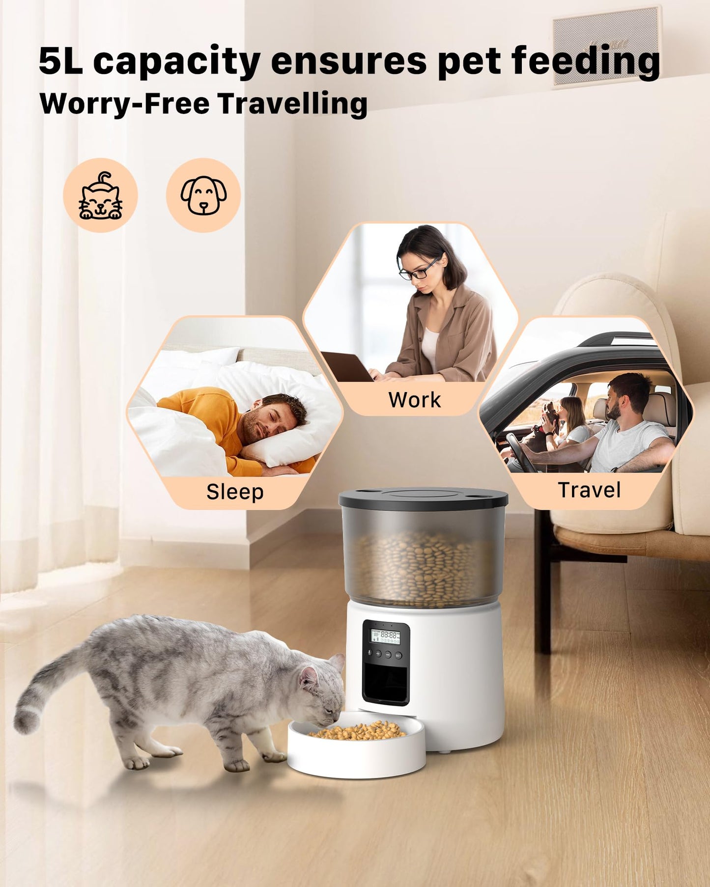 Automatic Cat Feeder Dry Food: Cat Feeder with Timer - Pet Food Dispenser Button Control 1-6 Meals - 3L Auto Dog Bowl with Customize Feeding Schedule - 10s Voice Recorder - Contains Desiccant