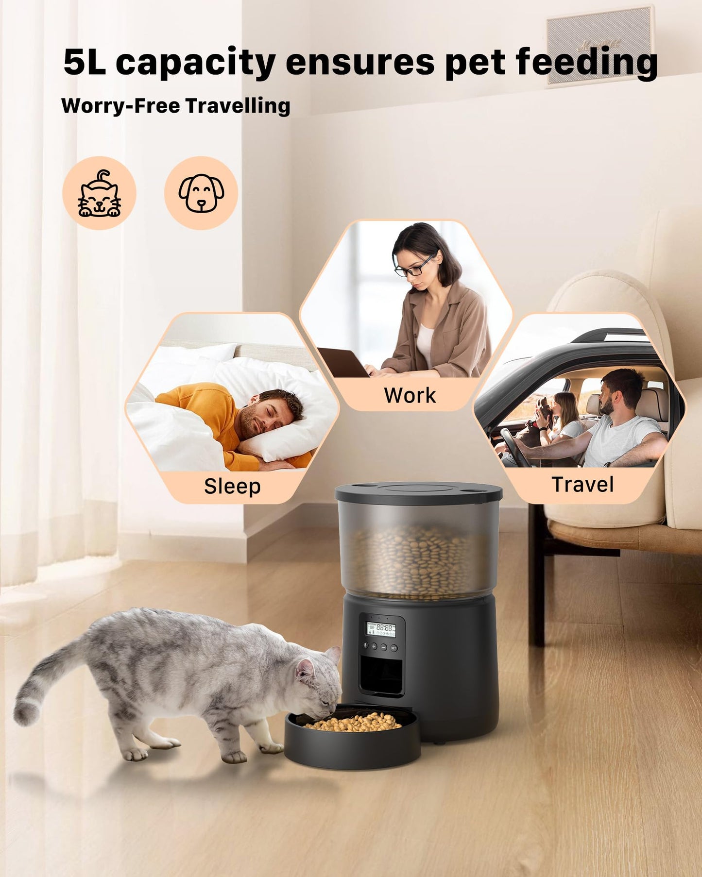 Automatic Cat Feeder Dry Food: Cat Feeder with Timer - Pet Food Dispenser Button Control 1-6 Meals - 3L Auto Dog Bowl with Customize Feeding Schedule - 10s Voice Recorder - Contains Desiccant