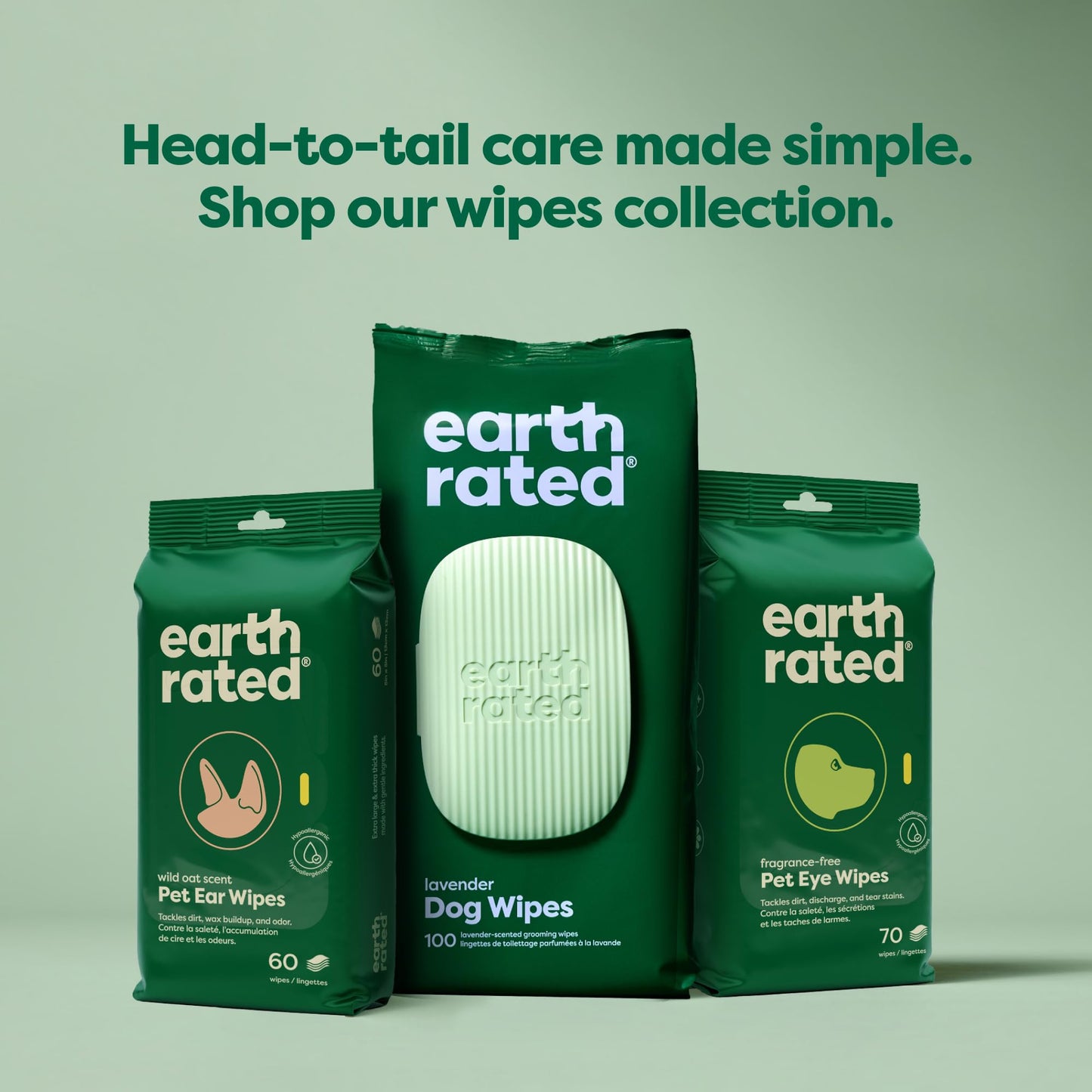 Earth Rated Dog Wipes, Hypoallergenic, Cleaning and Hydrating, for Grooming Paws, Body and Bums, Lavender Scented, 100 Count