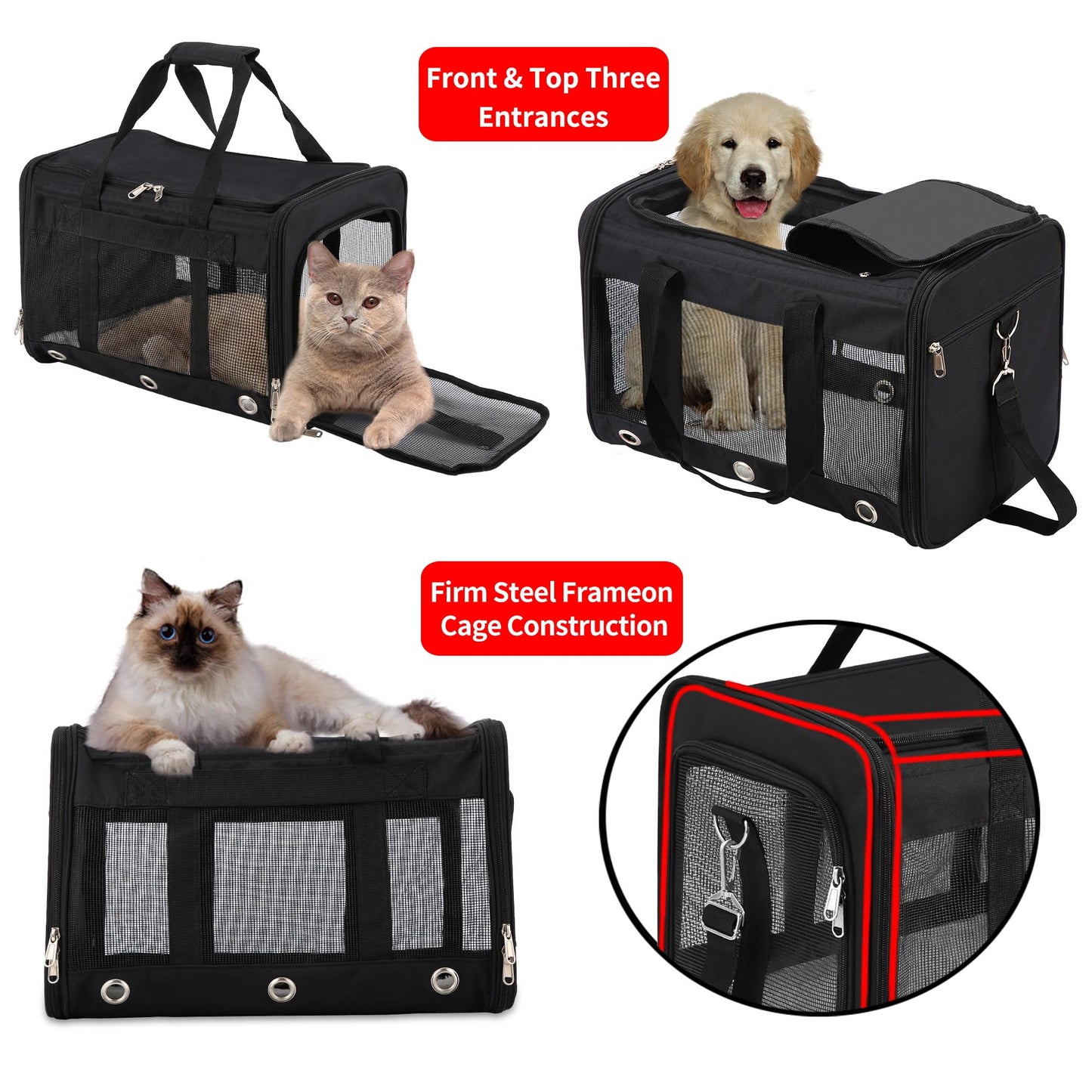 Dycietx Soft Sided Foldable Cat/Dog/Pet/Puppy Carrier Bag, Portable Pets Travel Carriers For Cats/Dogs With Shoulder Strap & Removable Mat, Durable Cat Basket of 17 lbs Airline Approved(Black, M)