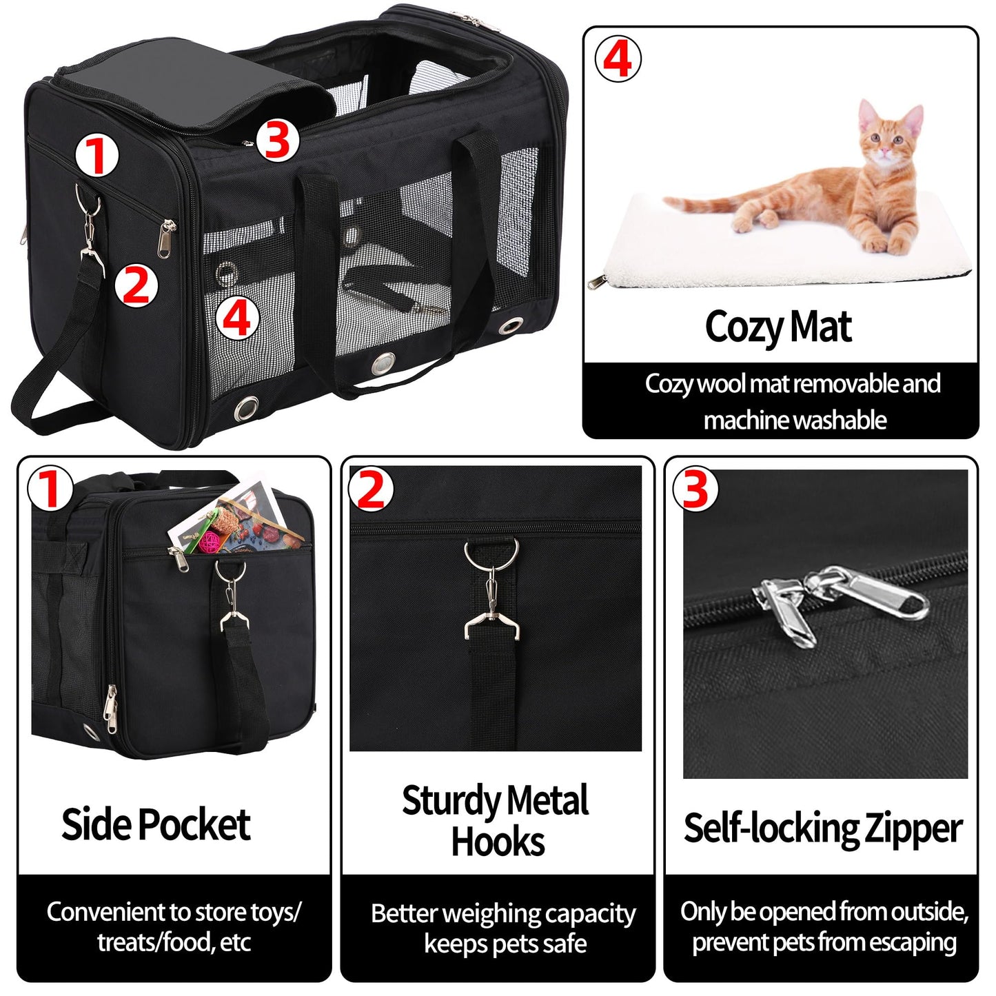 Dycietx Soft Sided Foldable Cat/Dog/Pet/Puppy Carrier Bag, Portable Pets Travel Carriers For Cats/Dogs With Shoulder Strap & Removable Mat, Durable Cat Basket of 17 lbs Airline Approved(Black, M)
