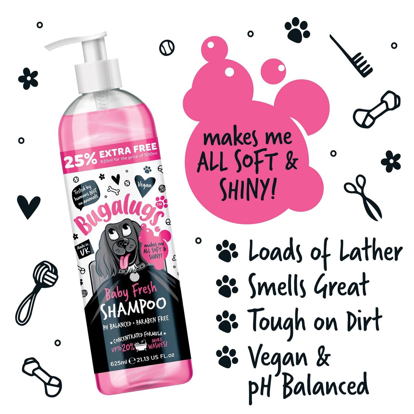 BUGALUGS Baby Fresh Dog Shampoo grooming products for smelly dogs with baby powder scent, best puppy shampoo, Vegan pet shampoo professional (625ml)