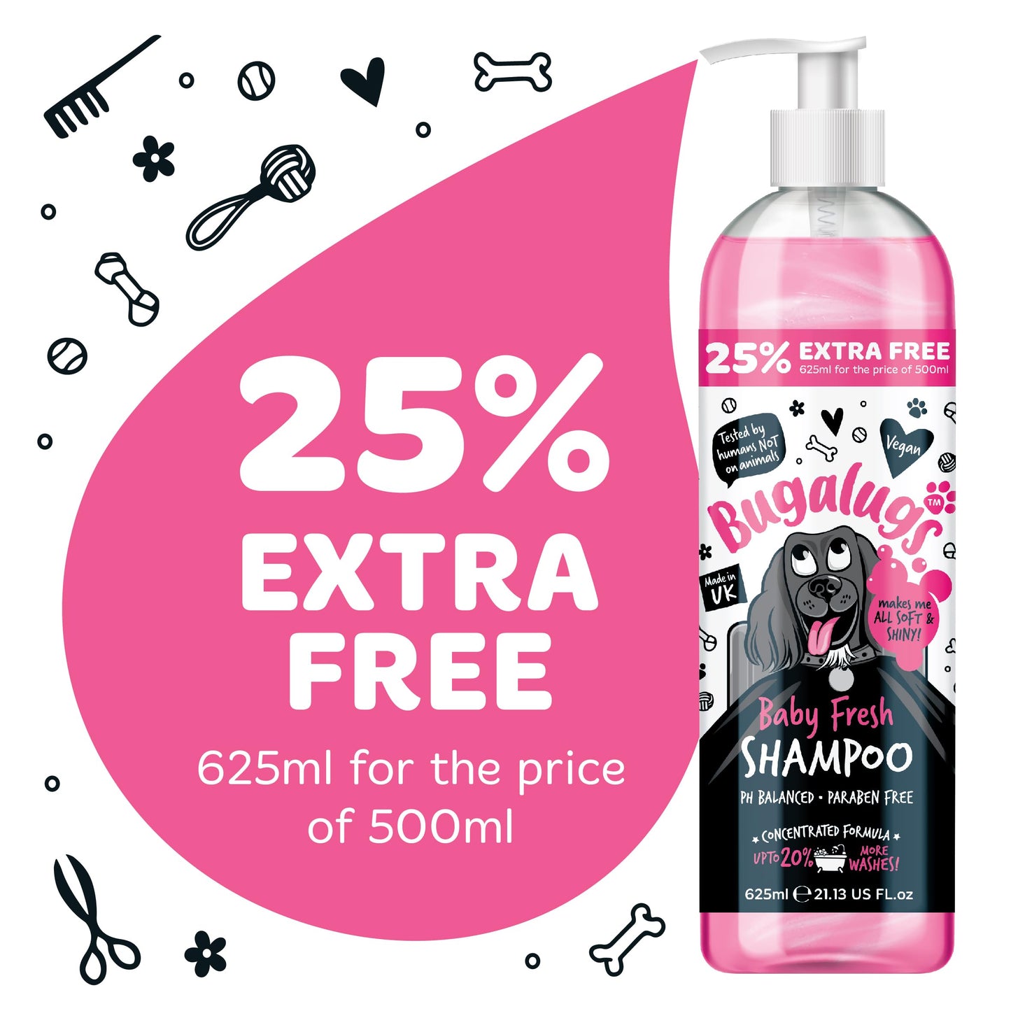 BUGALUGS Baby Fresh Dog Shampoo grooming products for smelly dogs with baby powder scent, best puppy shampoo, Vegan pet shampoo professional (625ml)