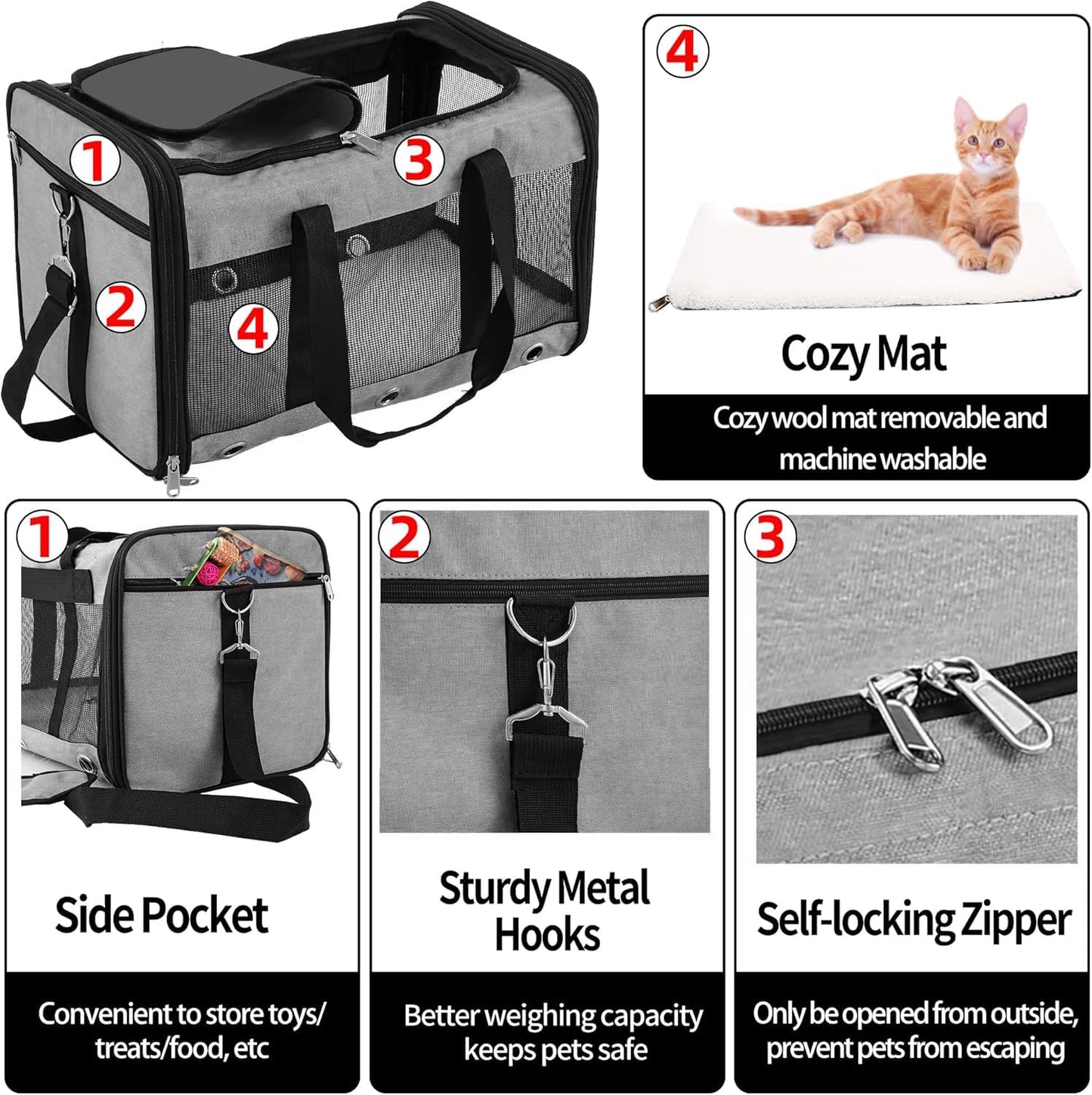 Dycietx Soft Sided Foldable Cat/Dog/Pet/Puppy Carrier Bag, Portable Pets Travel Carriers For Cats/Dogs With Shoulder Strap & Removable Mat, Durable Cat Basket of 17 lbs Airline Approved(Black, M)